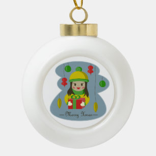 Girl with Christmas gift box  Ceramic Ball Christmas Ornament