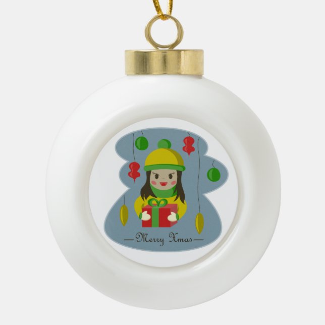 Girl with Christmas gift box  Ceramic Ball Christmas Ornament (Front)