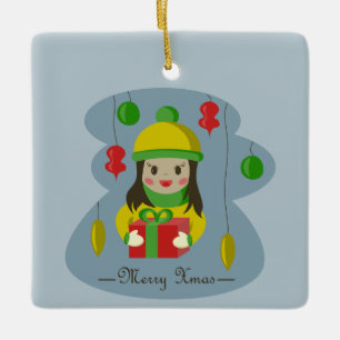 Girl with Christmas gift box Ceramic Ornament