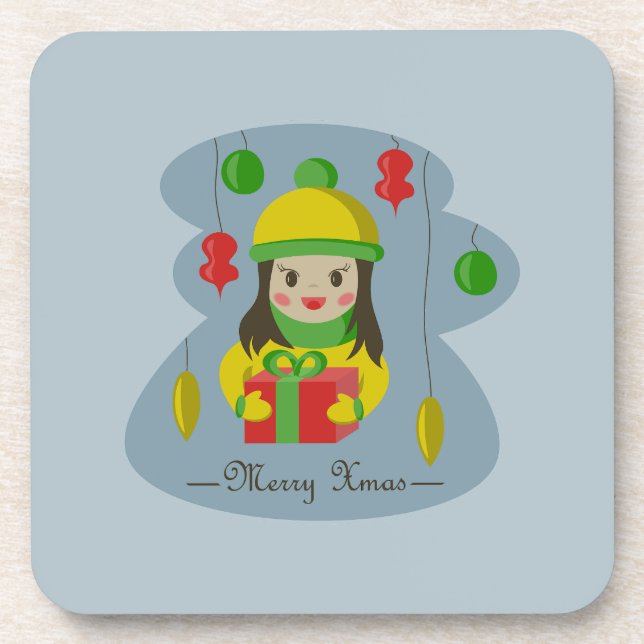 Girl with Christmas gift box  Coaster (Front)