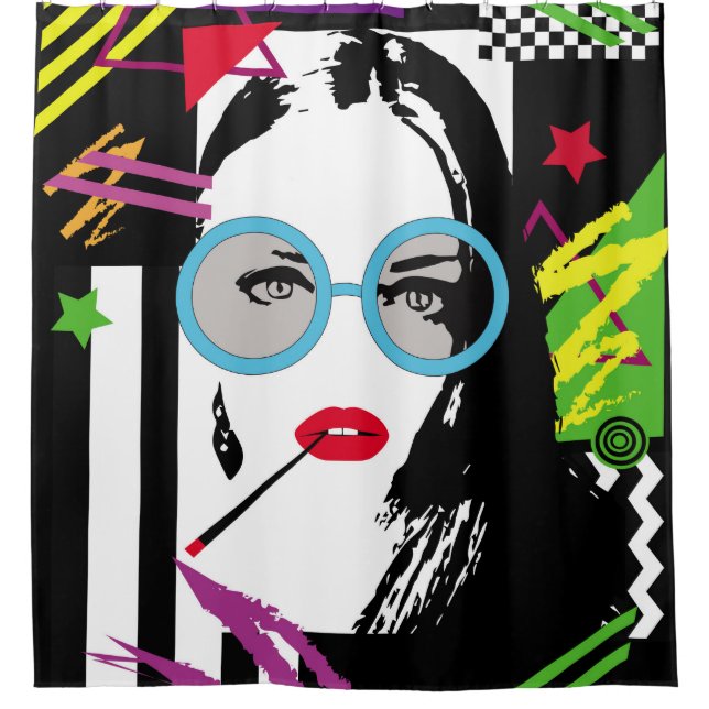 Girl with cigarette and sunglasess colourful pop a shower curtain (Front)