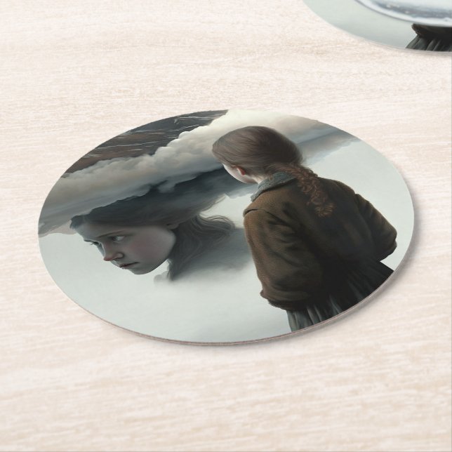 Girl with clouds round paper coaster (Angled)