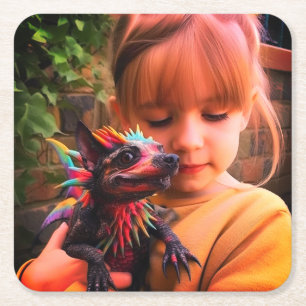 Girl with Creature Square Paper Coaster