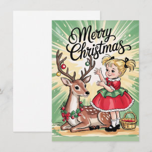 Girl with Dear Reindeer Vintage Christmas Holiday Card
