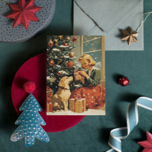 Girl with Dog by the Christmas Tree Vintage Holiday Card
