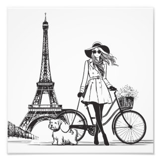 Girl with dog in Paris near Eiffel tower	 Photo Print