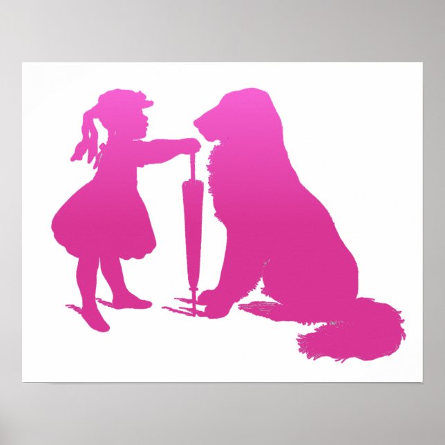 Girl with Dog Nursery Silhouette Gradient Pink Art Poster (Front)