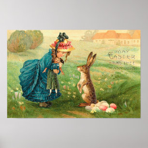 Girl With Doll and Rabbit Vintage Easter Poster