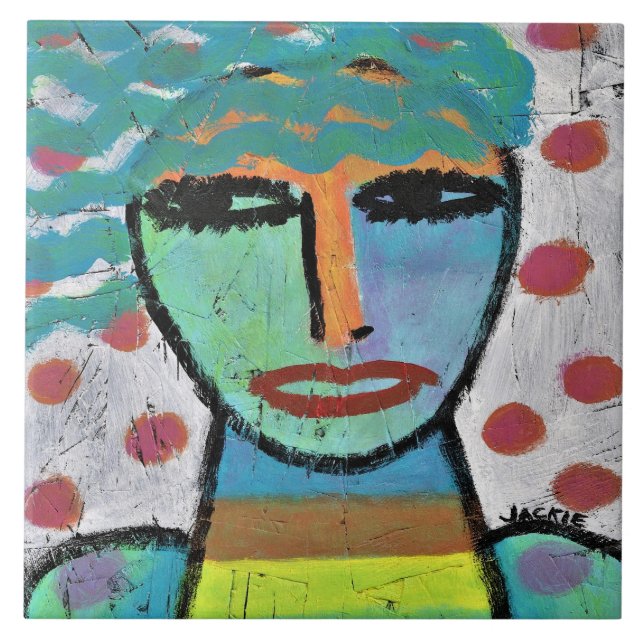Girl with Dots Abstract Painting on OSB Board Ceramic Tile (Front)