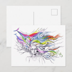 Girl with dreams in her hair Surreal fantasy art Postcard