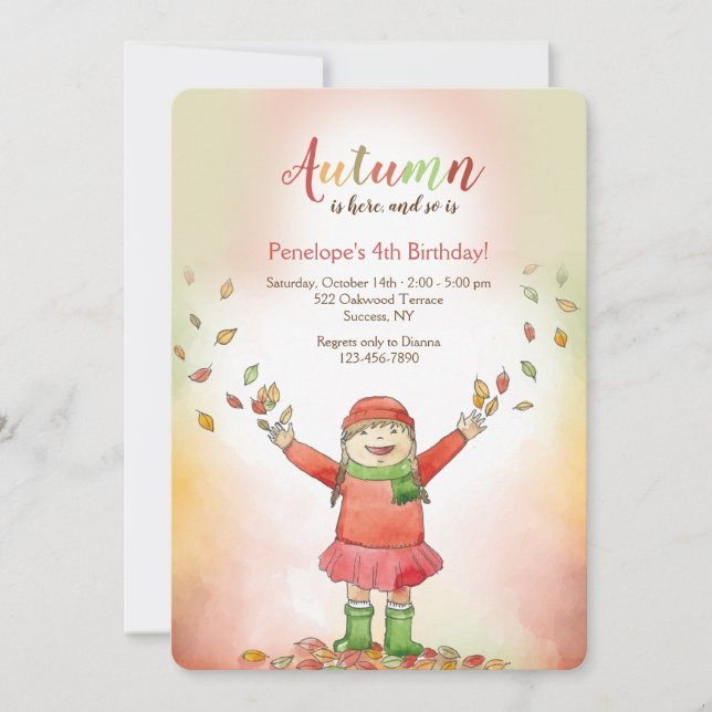 Girl with Fall Leaves Invitation (Front)