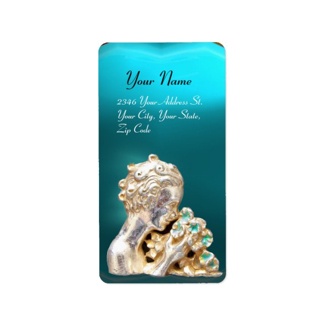 GIRL WITH FLOWERS,gold blue ,turquase,teal Label (Front)