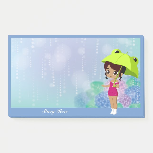 Girl With Frog Umbrella & Hydrangea Flowers Blue Post-it Notes (Front)