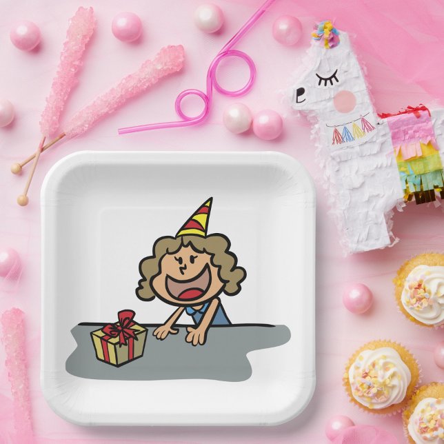 Girl with Gift and Party Hat Birthday Celebration Paper Plate (Creator Uploaded)