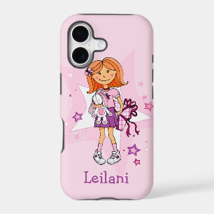 Girl with gift cuddling her white bunny pink name