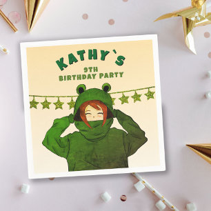 Girl with Green Frog Hoodie Drawing Birthday Napkin