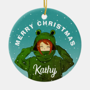 Girl with Green Frog Hoodie Drawing Christmas Ceramic Ornament