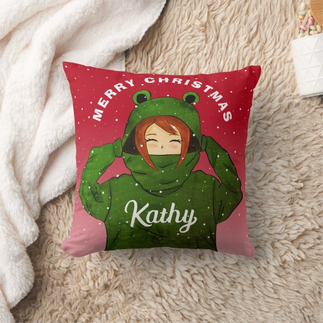 Girl with Green Frog Hoodie Drawing Christmas  Cushion (Blanket)