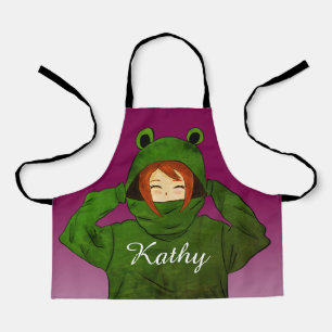 Girl with Green Frog Hoodie Drawing Custom Name Apron