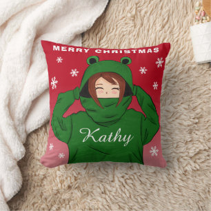 Girl with Green Frog Hoodie Snowflakes Christmas Cushion