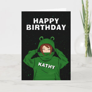 Girl with Green Frog Hoody Drawing Birthday Card