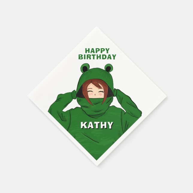 Girl with Green Frog Hoody Drawing Birthday Napkin (Corner)
