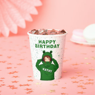 Girl with Green Frog Hoody Drawing Birthday Paper Cups
