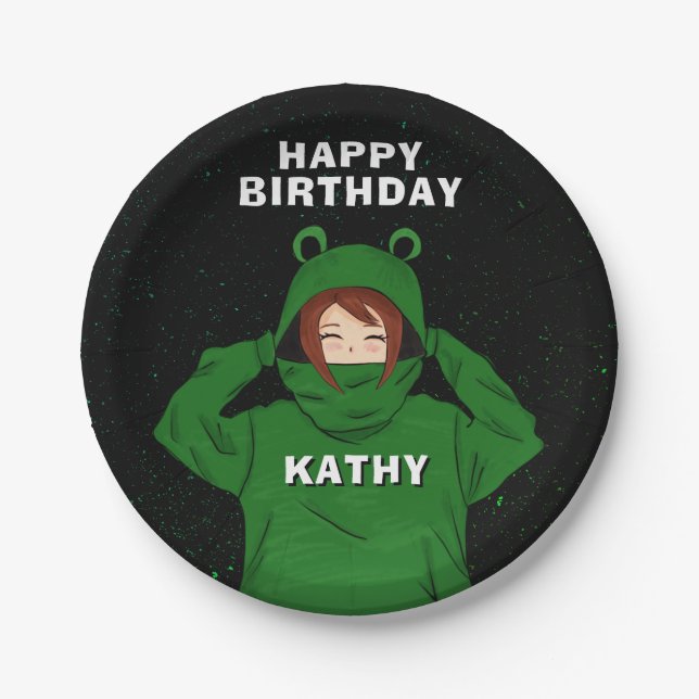 Girl with Green Frog Hoody Drawing Birthday Paper Plate (Front)