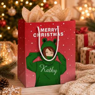 Girl with Green Frog Hoody Drawing Christmas Medium Gift Bag