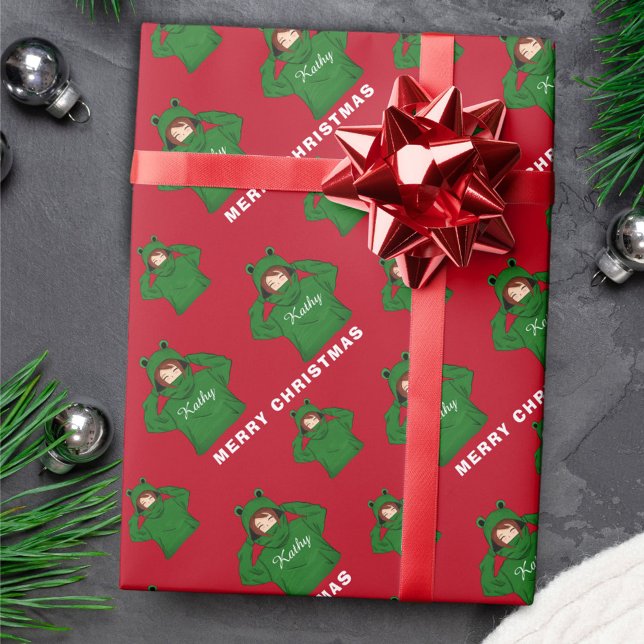 Girl with Green Frog Hoody Drawing Christmas Wrapping Paper (Creator Uploaded)