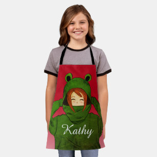 Girl with Green Frog Hoody Drawing Custom Name Apron