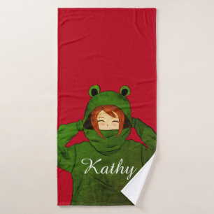 Girl with Green Frog Hoody Drawing Custom Name Bath Towel