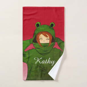 Girl with Green Frog Hoody Drawing Custom Name  Hand Towel
