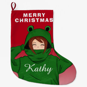 Girl with Green Frog Hoody Drawing Large Christmas Stocking