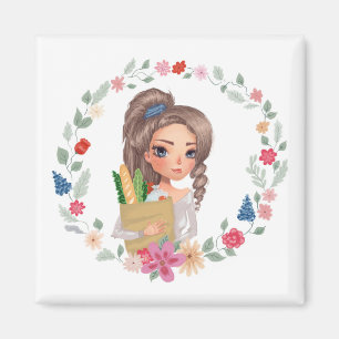 girl with groceries magnet