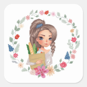 Girl with Groceries Square Sticker