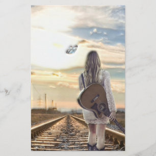 Girl With Guitar on Railroad Tracks Stationery