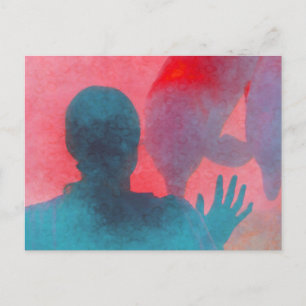 Girl with hand up by dolphin blue pink coloured postcard