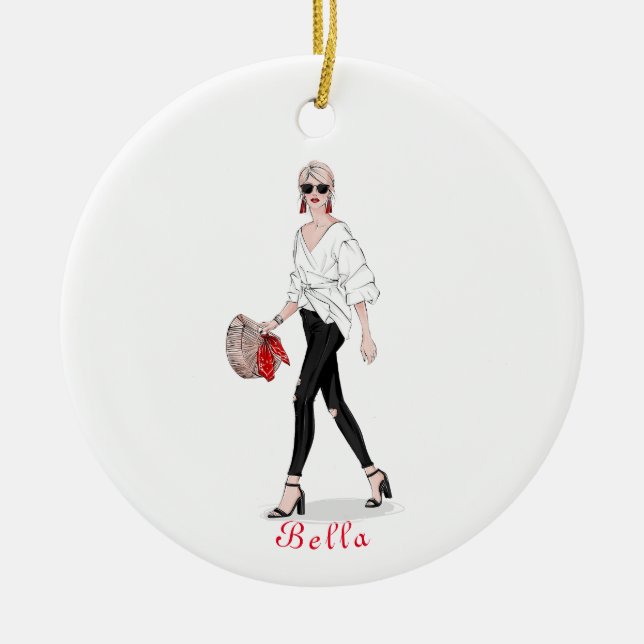 Girl with Hat Paris Fashion Personalised Custom Ceramic Ornament (Front)