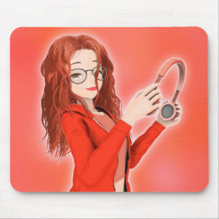 Girl with headphones mouse pad