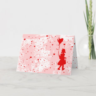 girl with heart balloon. i love you. red&pink. holiday card