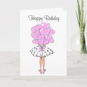 Girl with Heart Balloons Birthday Card