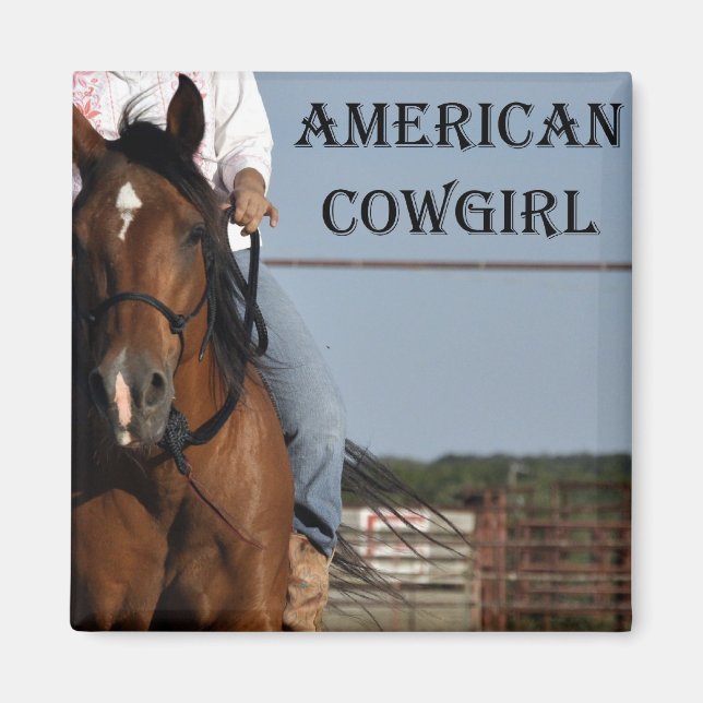 Girl With Horse "American Cowgirl" Square Magnet." Magnet (Front)