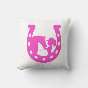 Girl with Horse and Western Hat Hot Pink Horseshoe Cushion