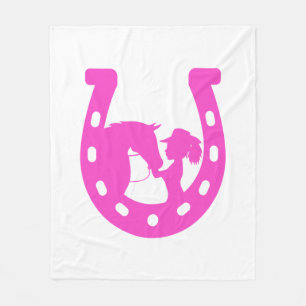 Girl with Horse and Western Hat Hot Pink Horseshoe Fleece Blanket