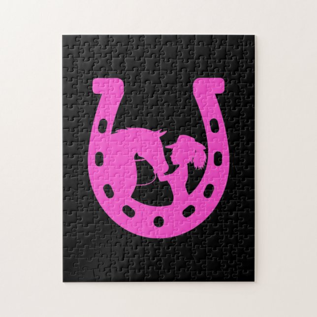 Girl with Horse and Western Hat Hot Pink Horseshoe Jigsaw Puzzle (Vertical)