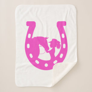 Girl with Horse and Western Hat Hot Pink Horseshoe Sherpa Blanket