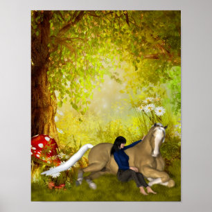Girl With Horse Fantasy Flowers Poster