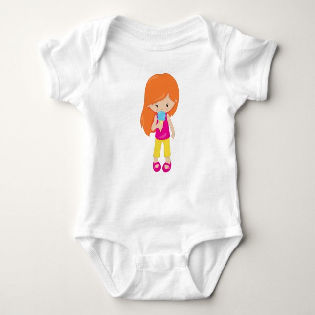 Girl With Ice Cream, Orange Hair, Cute Girl Baby Bodysuit (Front)