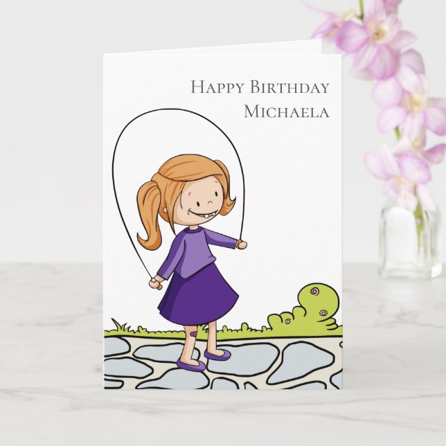Girl with Jumping Rope Personalised Happy Birthday Card (Orchid)